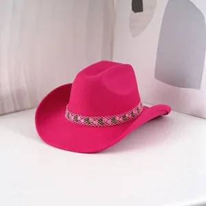 Fuchsiafarbener Filz-Cowboyhut mit Rosen-Stickerei und Netzband für Damen-Mode