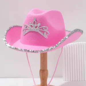 Rosa Filz-Cowboyhut mit Strass-Krone und silbernem Paillettenrand für Auftritte