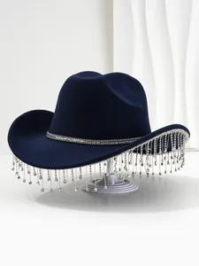 Elegant navy blue cowboy hat featuring sparkling rhinestone tassel fringe details