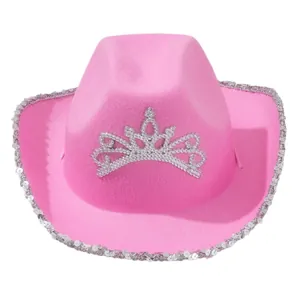 Rosa Western Cowboyhut mit funkelndem Kronen-Tiara und silbernem Paillettenbesatz