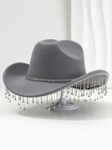 Grey cowboy hat with luxury rhinestone fringe and sparkling diamond chain for parties.
