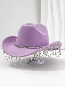 Luxurious lavender felt cowboy hat featuring sparkling rhinestone fringe and trim detail