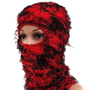 Red and black distressed knit ski mask balaclava featuring a unique fuzzy texture design