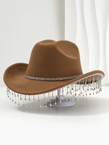 Elegant brown wool cowboy hat featuring sparkling rhinestone tassel fringe detailing.