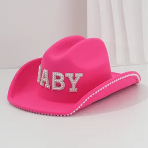 Hot pink felt cowboy hat with pearl 'BABY' letters and beaded brim trim for parties