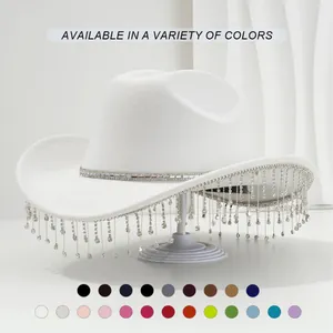 Luxurious Polyester Women Cowboy Hat Sparkling Rhinestone Fringe Tassel Fedora Wide Brim Party Music Festival Western Hat