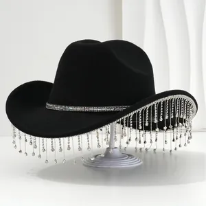 Elegant black western cowboy hat with luxurious rhinestone fringe for parties.