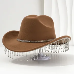 Brown felt cowboy hat for women with luxurious rhinestone fringe and crystal chain trim
