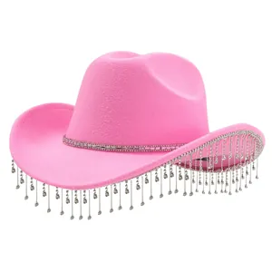 Elegant pink cowgirl hat with luxury rhinestone tassel fringe for music festival party wear