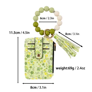 Detaillierte Maße des floralen Kartenhalters mit Silikonperlen-Armband und Quaste.