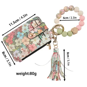 Porte-cartes fleuri avec bracelet en perles de silicone et gland, dimensions