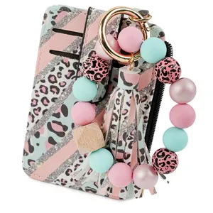 Leopard-Muster Perlenarmband Schlüsselanhänger mit passendem PU-Kartenhalter und Quaste