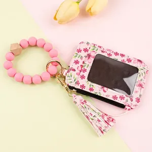 Floral Print PU Leather Card Holder Wallet With Silicone Bead Wristlet Keychain Tassel Bangle Wallet For Women Daily Use