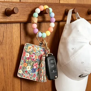 Porte-cartes élégant à fleurs avec bracelet en perles de silicone et porte-clés coloré