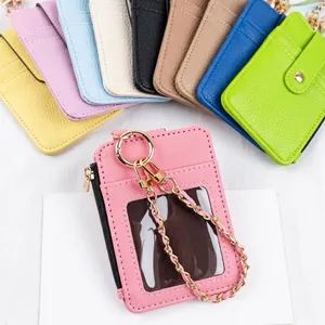 Tarjetero de Cuero PU Multifuncional Textura Lichi Con Bolsillo Con Cremallera Ventana ID Transparente Cadena de Muñeca Mujer
