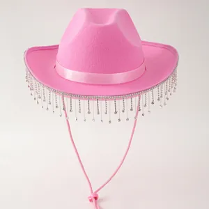 Pink wide-brim cowboy hat with sparkling rhinestone fringe for music festivals