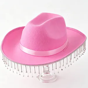 Pink Polyester Felt Western Cowboy Hat For Women With Rhinestone Fringe Tassels Wide Brim Festival Party Disco Style