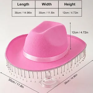 Pink felt cowboy hat with rhinestone fringe and dimension table detail main photo