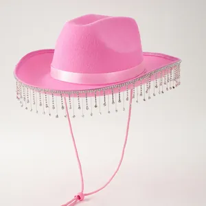 Pink felt wide brim cowboy hat featuring sparkling rhinestone fringe and chin strap