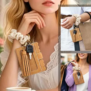 Brown PU leather card holder keychain with tassel and gingham scrunchie wristlet strap