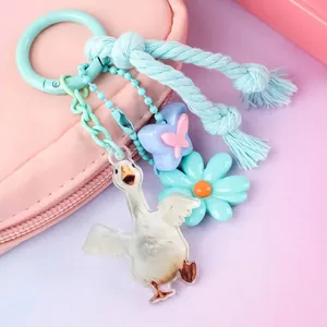 Ins Style Silicone Acrylic Goose Flower Butterfly Keychain Bag Pendant Charm Macaron Color Bead Chain Car Key Ring For Women Gift