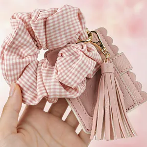 Pink PU leather card holder keychain with scrunchie and tassel