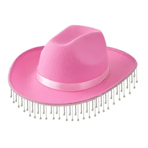 Stylish pink felt cowboy hat with sparkling rhinestone fringe for music festivals.