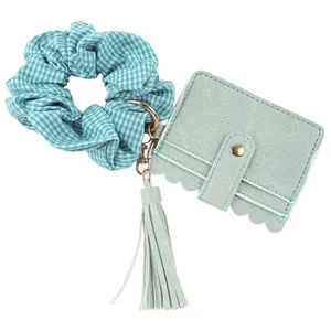 Mint green PU leather card holder keychain with checkered scrunchie and tassel charm