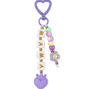 Cute purple silicone beaded bag charm featuring MAMA letter beads and heart pendant