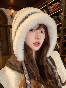 Model wearing a cozy plush white ear protection hat in a vintage library setting.