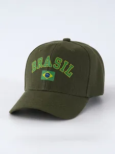 High-quality detail of a dark green baseball cap featuring the Brazil flag and Brasil print