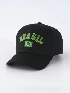 Detailed view of black Brazil flag embroidered baseball cap for outdoor sun protection