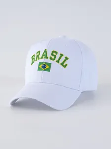 Detail view of the Brazil flag and Brasil text print on a light blue baseball cap