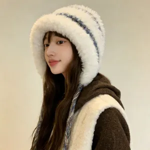 Women Winter Warm Faux Fur Ear Flap Hat Korean Style Plush Striped Beanie With Knitted Straps Thick Windproof Outdoor Riding Hat
