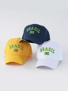 Detailed view of three Brazil flag baseball caps in navy, yellow, and white colors.