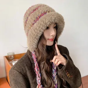 Winter thick faux fur bucket hat with warm earflaps and colorful woven straps for women