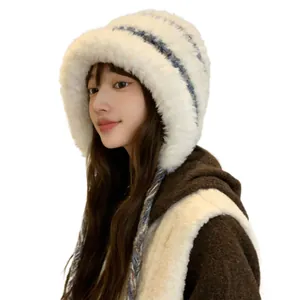 Winter warm plush ear protection knit hat with blue stripes and thick fleece lining