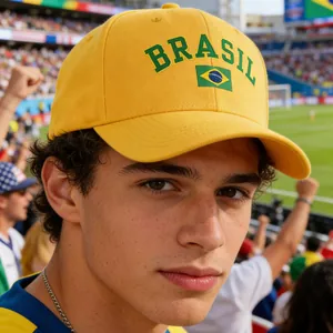 Yellow Brazil flag baseball cap worn by a male supporter in a vibrant football stadium