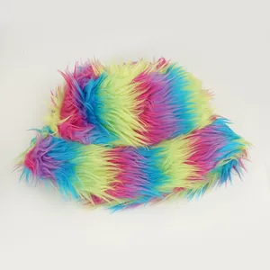 Macro detail of the soft and colorful faux fur material on this winter plush bucket hat