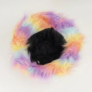 Detailed view of women's colorful faux fur bucket hat with black quilted lining.