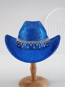 Blue glitter cowboy hat with luxury rhinestone and pearl tassel decor for parties.