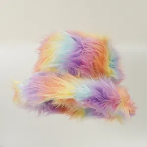 Close-up of vibrant rainbow faux fur bucket hat with soft plush texture for winter.