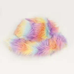 Macro view of a vibrant rainbow plush bucket hat for women's winter style fashion.