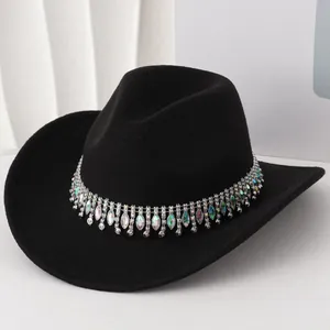 Sombrero Fedora de Fieltro Western Cowboy Con Cadena de Flecos de Borlas de Cristal y Estrás de Doble Fila Para Mujer Hombre Sombrero de Jazz de Fiesta Vintage de Ala Ancha
