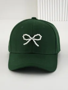 Berretto da baseball in cotone verde scuro da donna con elegante fiocco di perle frontale