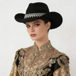 Sombrero vaquero de fieltro negro con detalles de pedrería y borlas de cristal