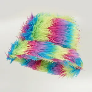 Colorful plush faux fur bucket hat for women with warm rainbow pattern fashion design