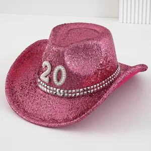 Pink glitzernder Y2K-Cowboyhut mit Perlen-Zahl 20 und Nietenband für Damen und Herren.