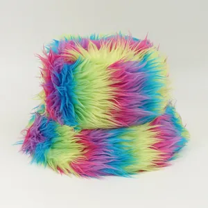 Women's vibrant multi-colored faux fur bucket hat featuring a fluffy rainbow texture