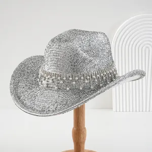Silver glitter cowboy hat with luxury pearl and rhinestone decorative band for parties